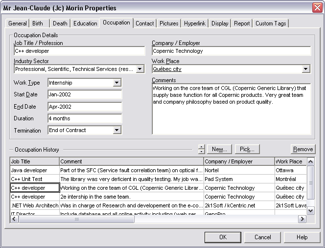 Occupation properties dialog