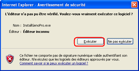 Avertissement de sécurité pour le fichier InstallGenoPro.exe