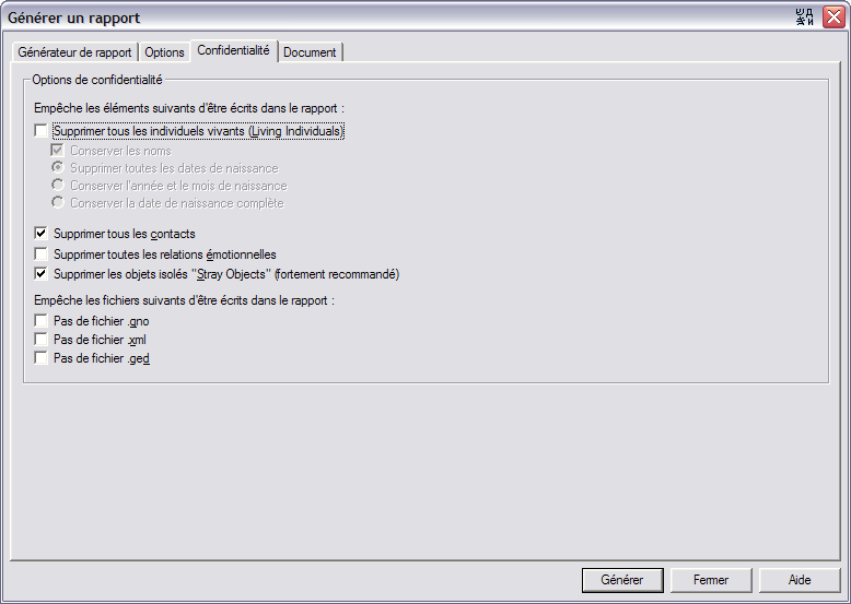 Option de confidentialités lors de la génération d'un rapport