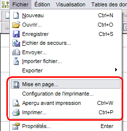 Menus pour l'impression