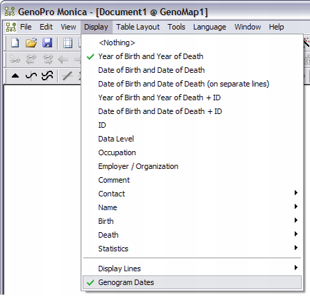 Menu Displaying Genogram Dates